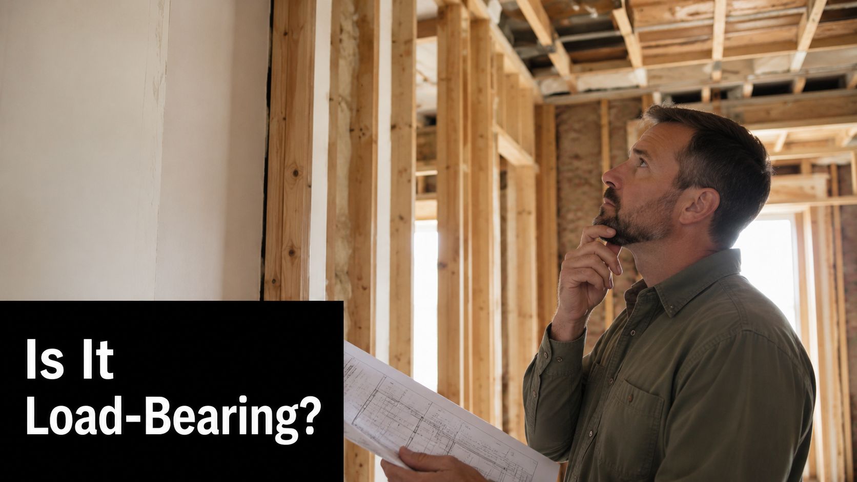 A professional construction worker inspecting structural framing while holding building blueprints during a home renovation project.