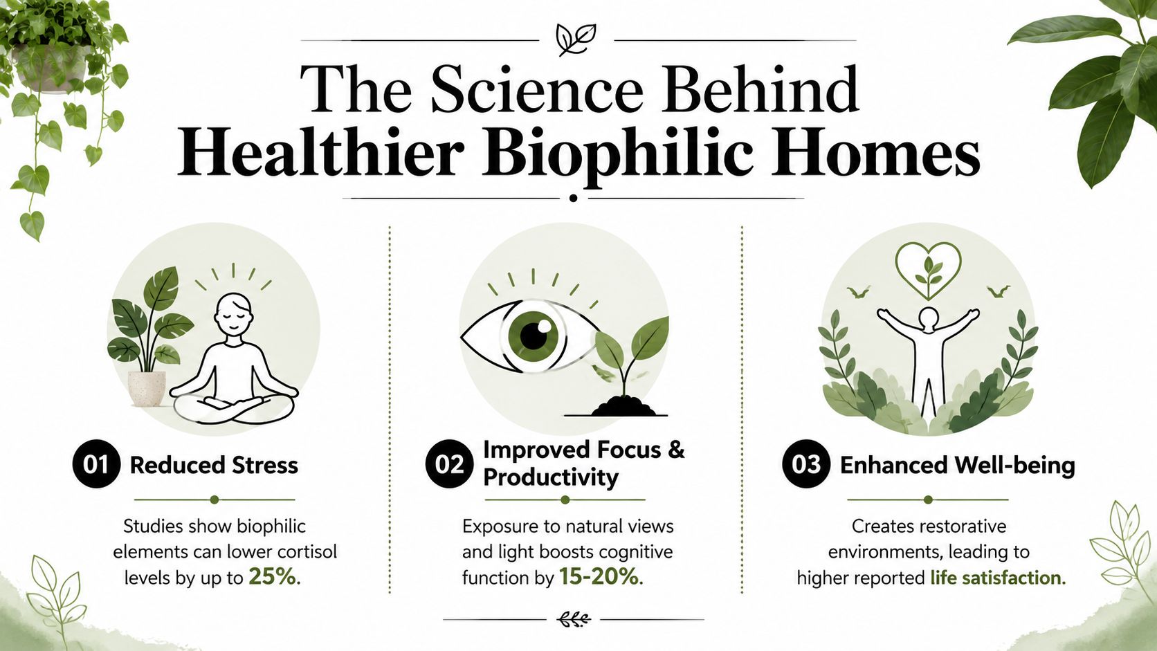 An infographic detailing the health and productivity benefits of incorporating biophilic design elements in home environments.