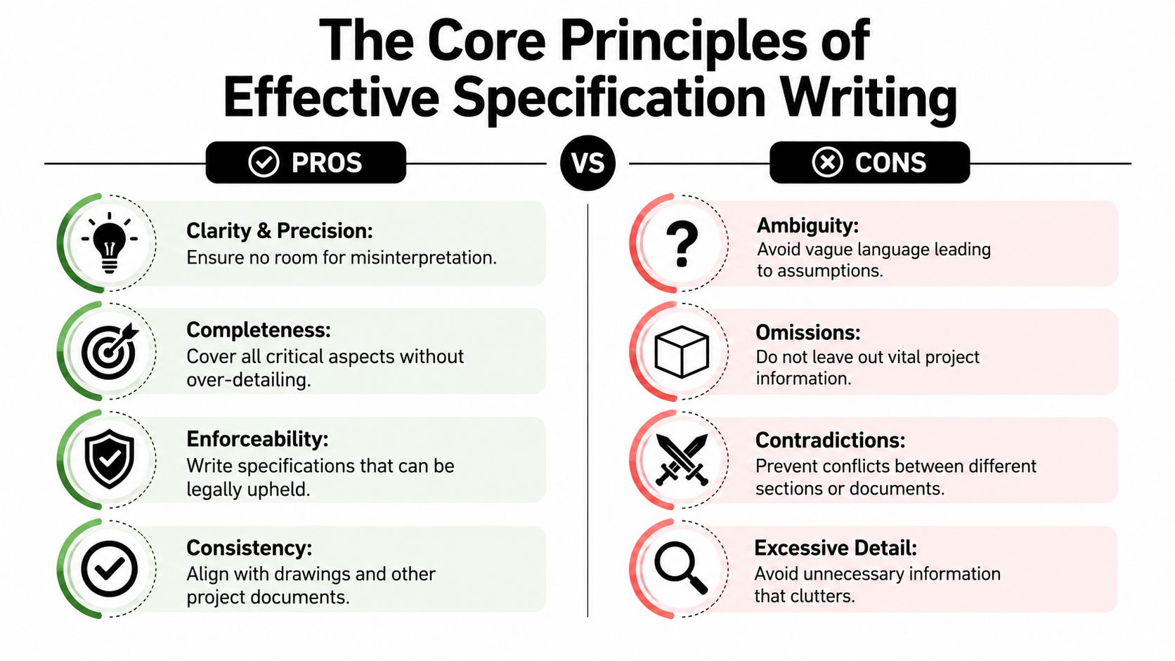 An infographic comparing the pros and cons of effective specification writing for technical or construction projects.