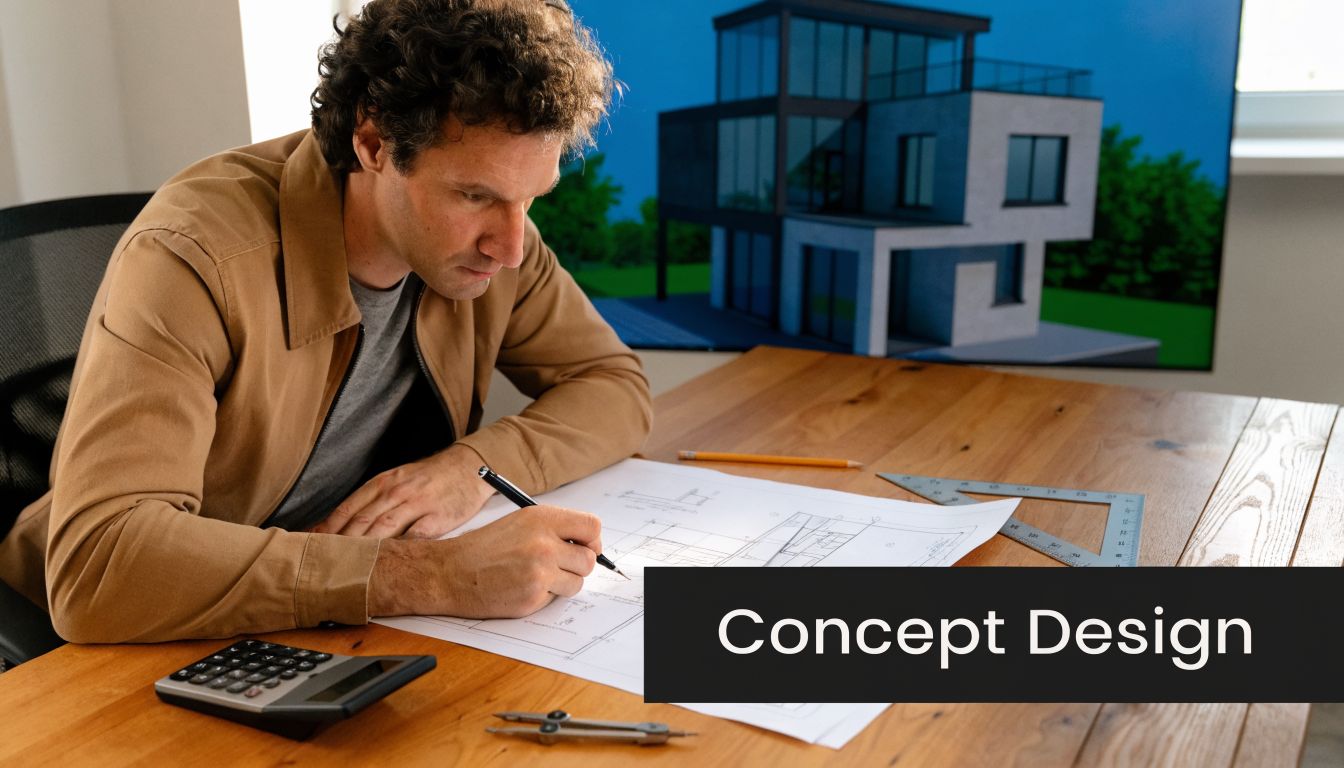 An architect drafting a concept design on a blueprint at a wooden desk with a house model behind him.