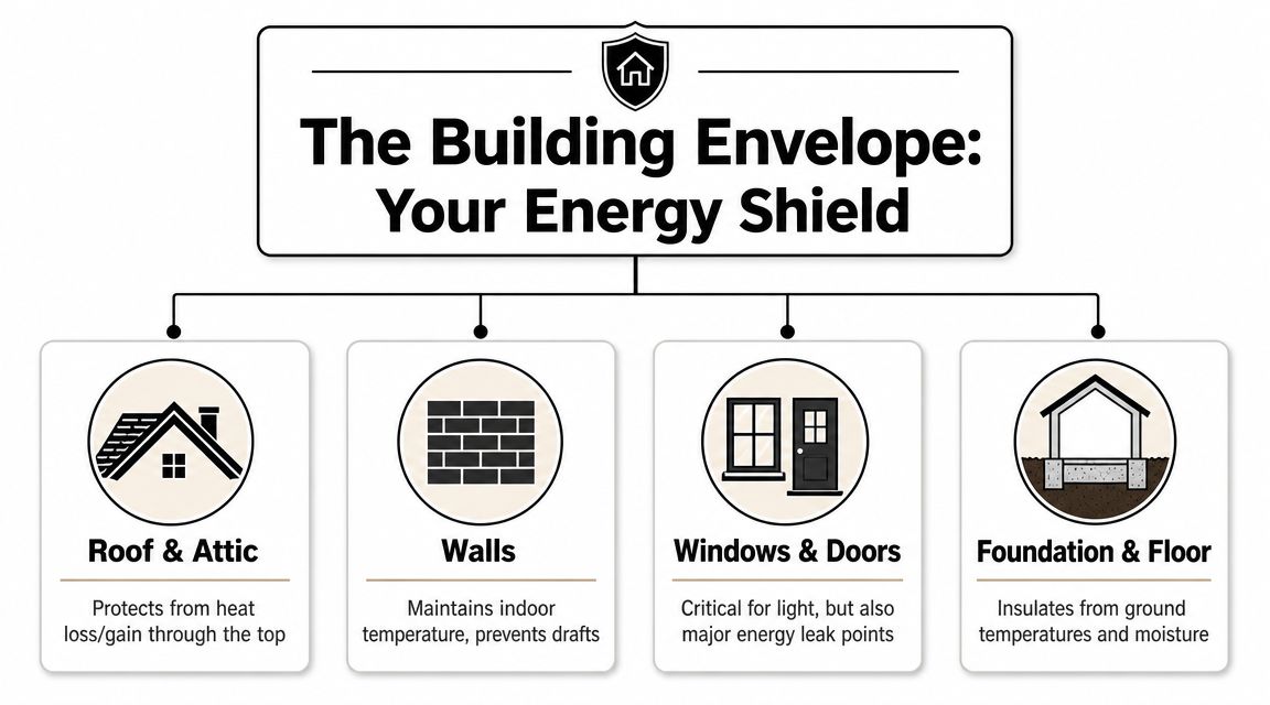 An infographic titled The Building Envelope explaining how different parts of a house provide energy efficiency.