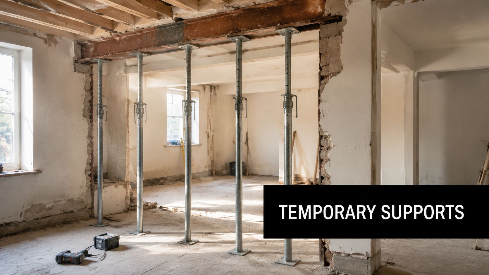 A renovation site showing a steel beam held up by five adjustable metal temporary support props.