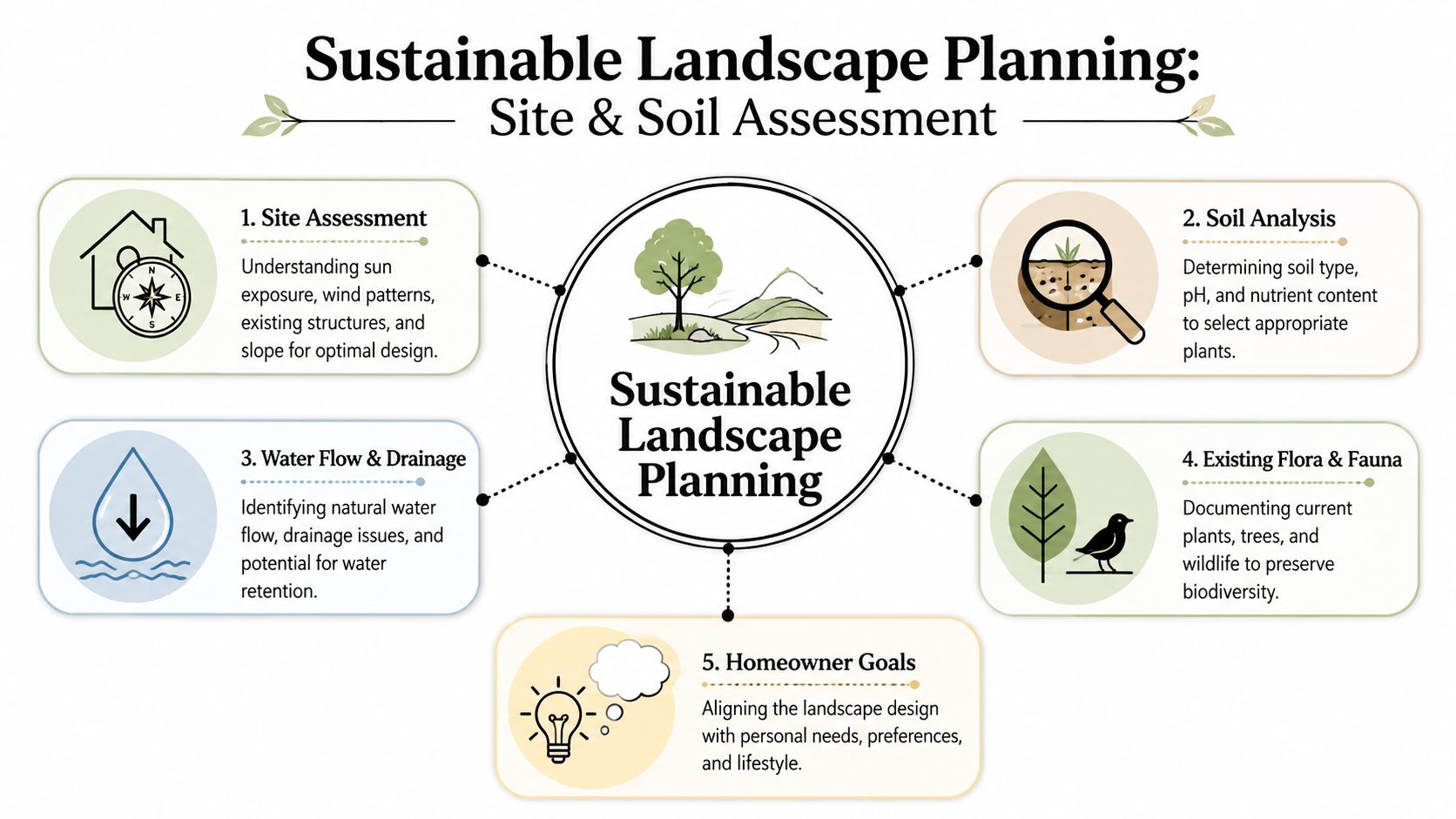 A diagram illustrating five essential steps for sustainable landscape planning, including site assessment, soil, and drainage analysis.