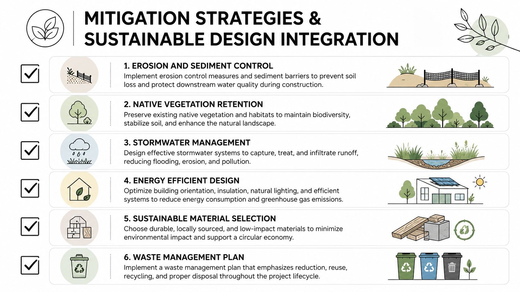 An infographic detailing six mitigation strategies for sustainable design integration in construction and development projects.