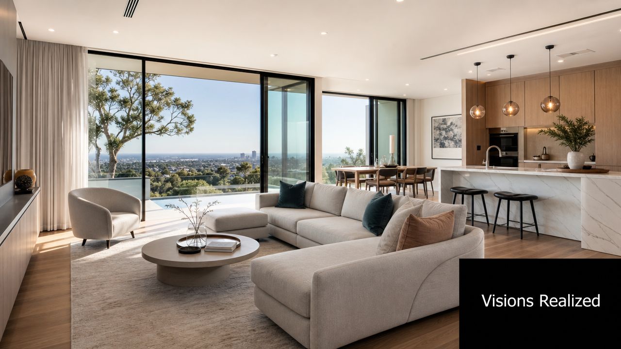 A modern open-plan living room with luxurious furniture, floor-to-ceiling windows, and a panoramic view of a city.