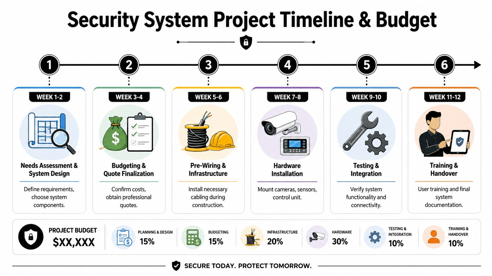 A six-step infographic timeline illustrating the phases of a security system installation project with budget allocation percentages.