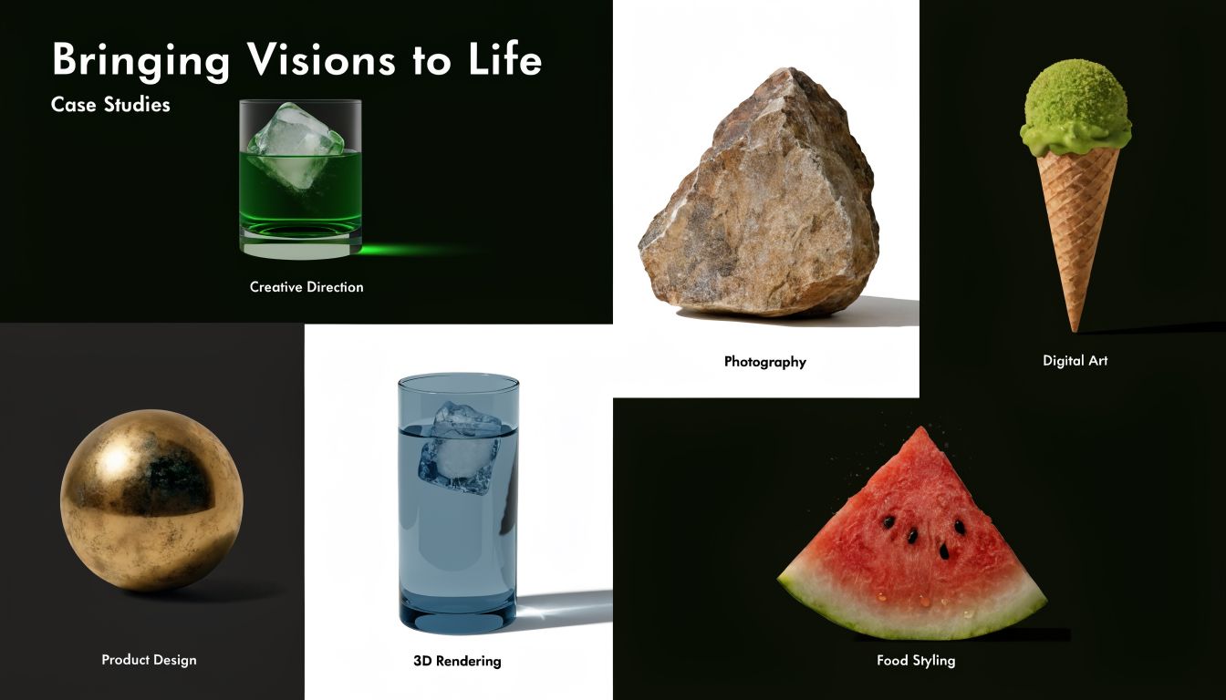 A creative design portfolio showcase featuring various artistic projects including photography, 3D rendering, and food styling illustrations.