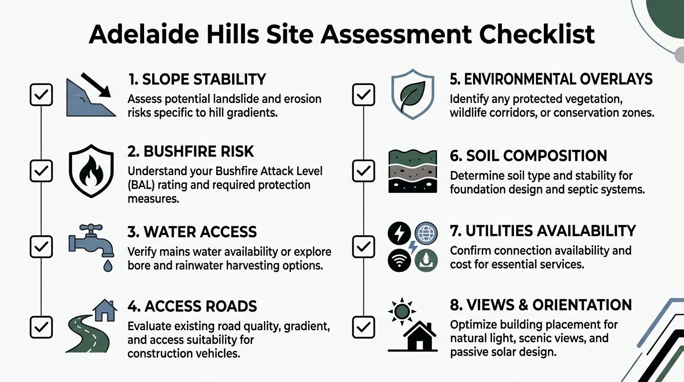 A checklist infographic outlining eight essential site assessment factors for building properties in the Adelaide Hills region.