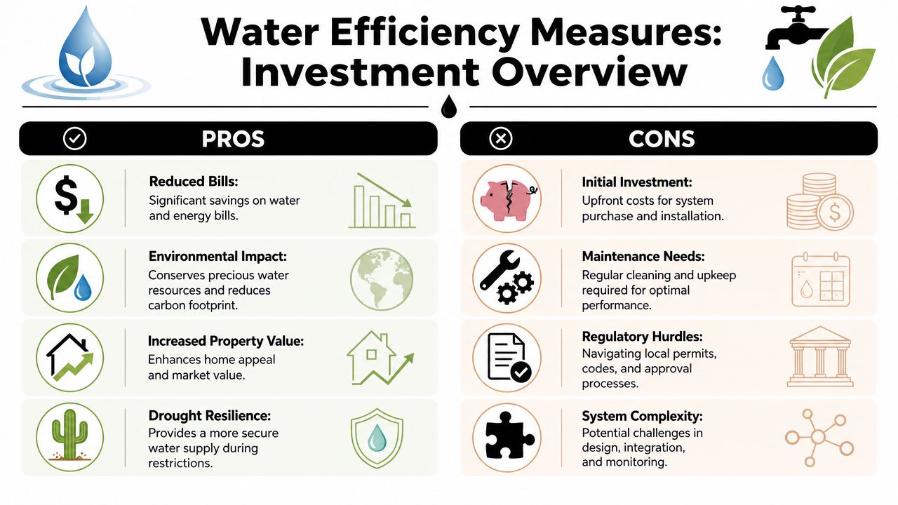 An infographic comparing the pros and cons of investing in water efficiency measures for homes.