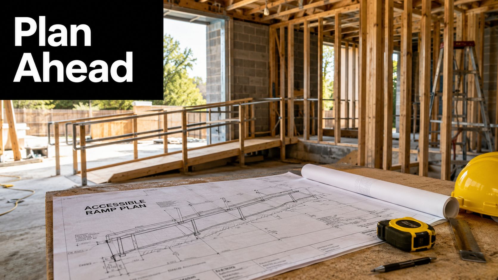 A blueprint of an accessible ramp sits on a table at a construction site with a ramp outside.
