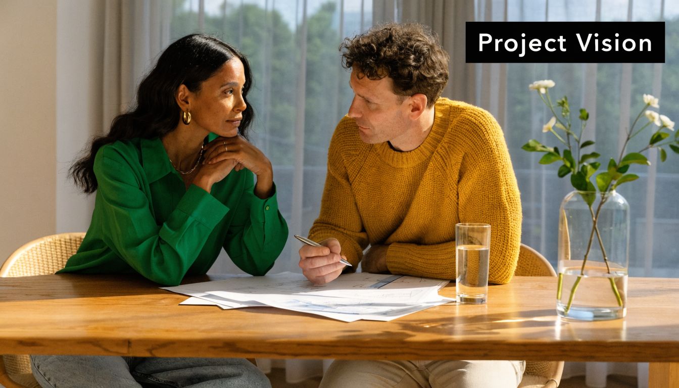 A couple sitting at a wooden table reviewing architectural design sketches for a home renovation project.