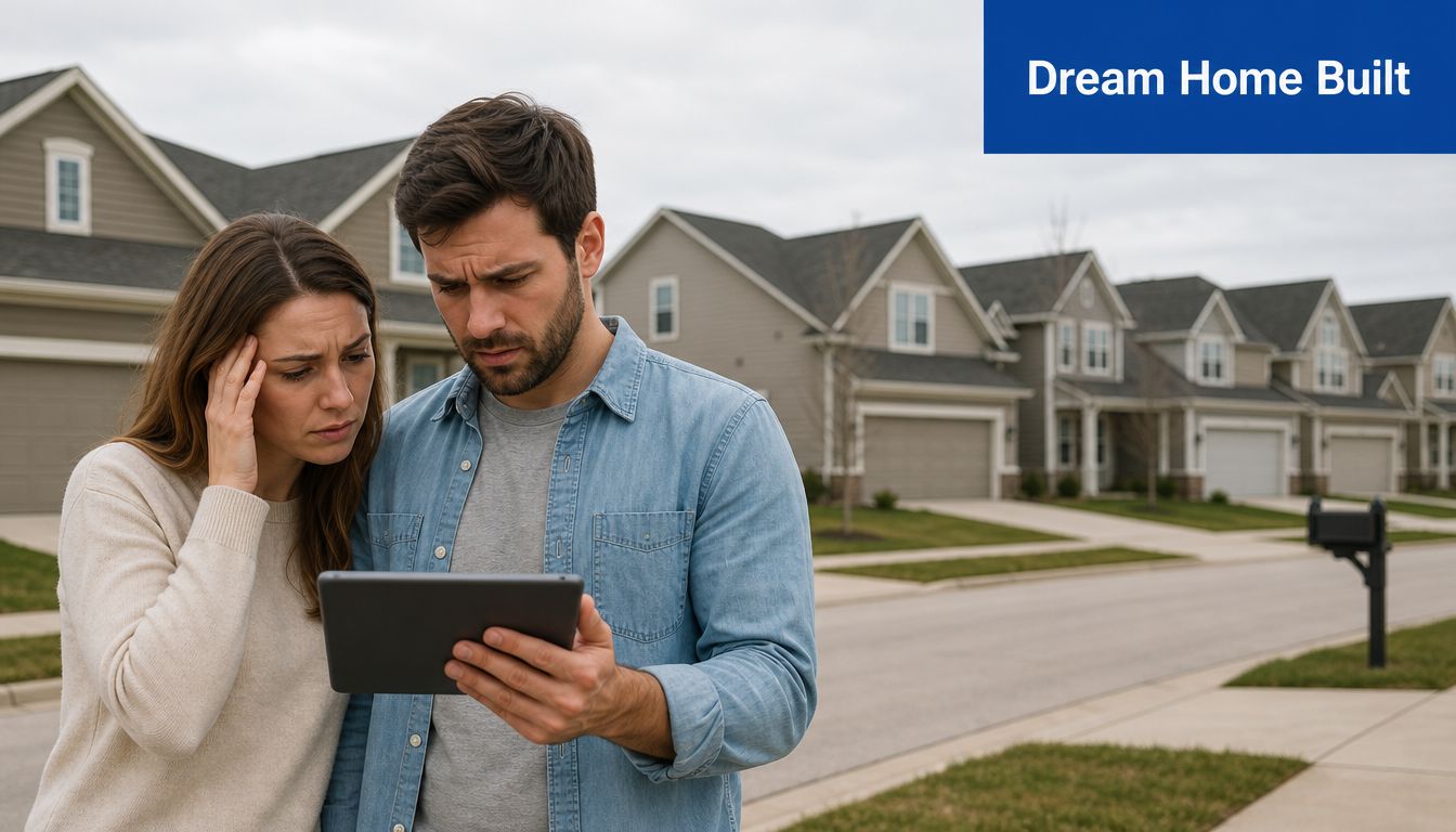 A concerned couple stands in front of residential homes while looking at a digital tablet together.