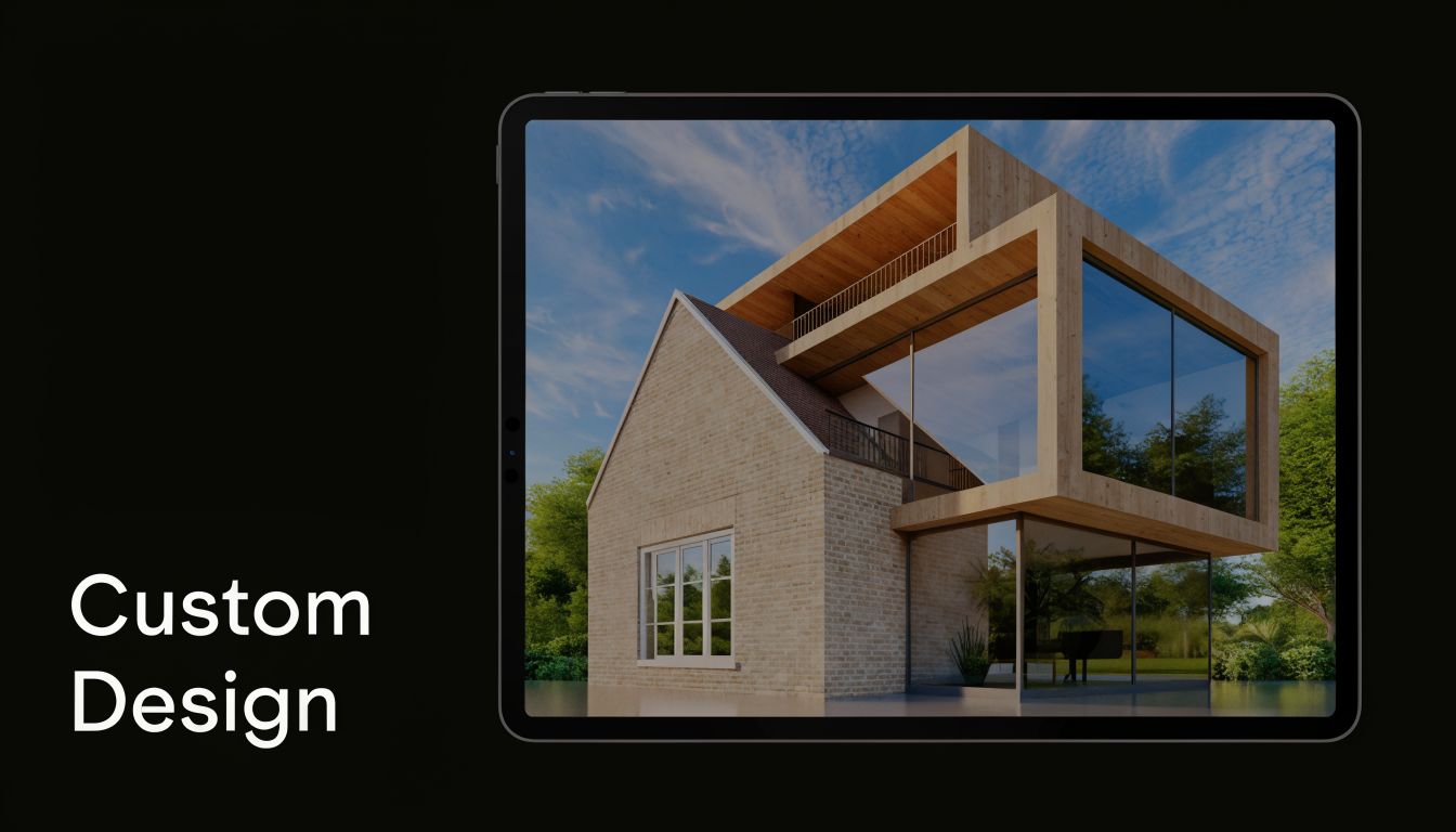 A digital tablet displaying a modern house design featuring a second story modular wood addition.