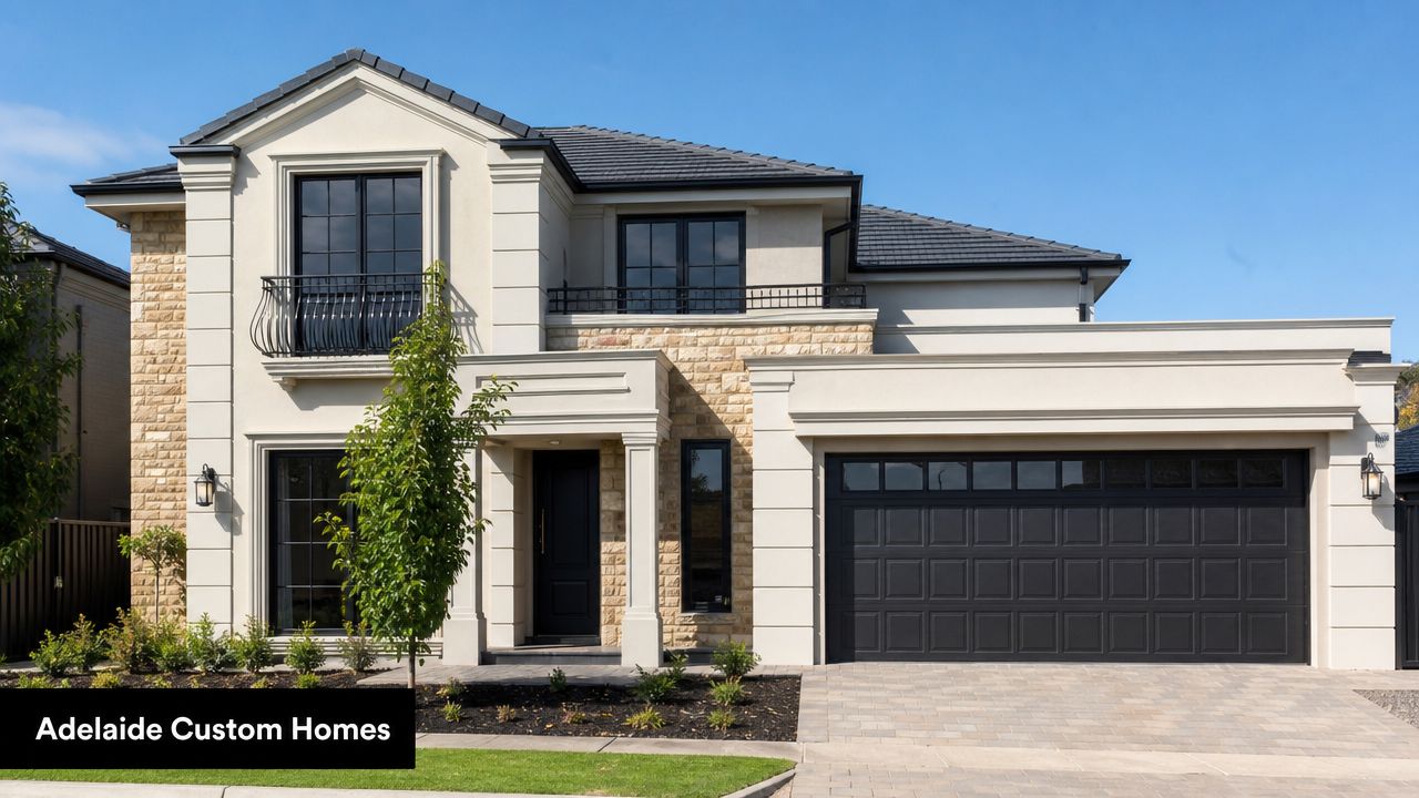 A luxurious modern two-story custom home with stone and cream facade, featuring a large black garage.