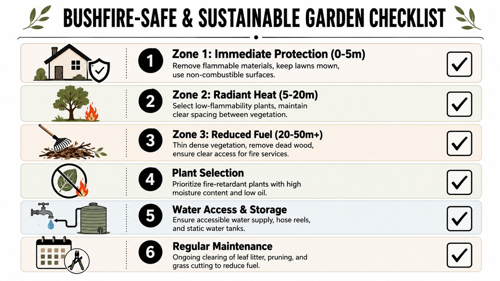 A checklist for creating a bushfire-safe and sustainable garden, featuring six essential safety zones and maintenance tips.