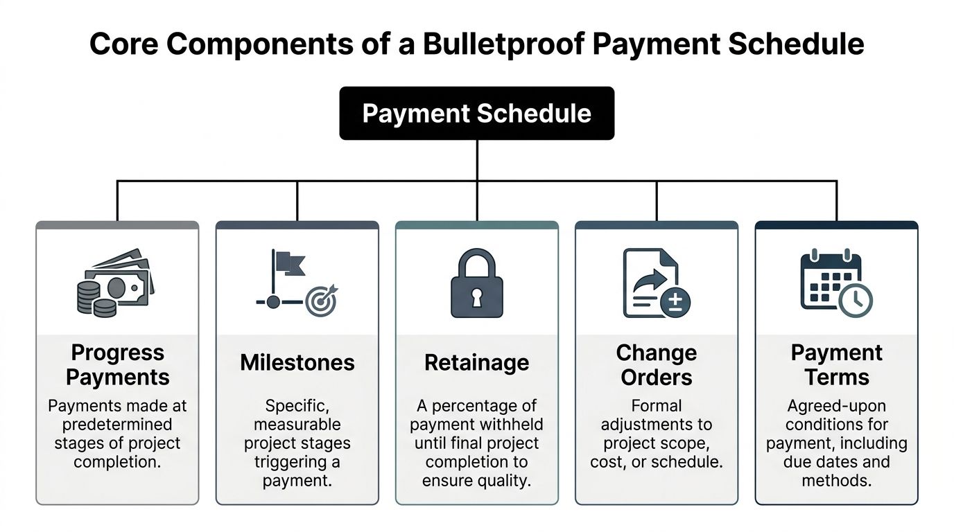 A diagram outlining the five core components of a professional construction payment schedule.