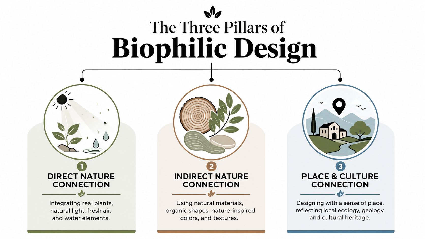 An infographic titled The Three Pillars of Biophilic Design illustrating nature connections and culture in architecture.