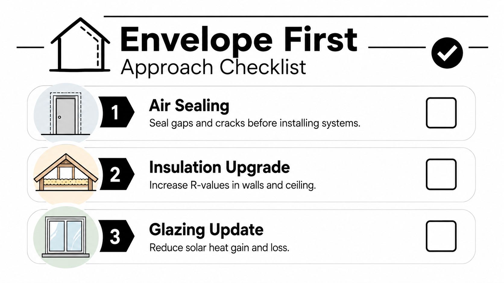 A checklist for an envelope first approach to improving home energy efficiency with three key steps.