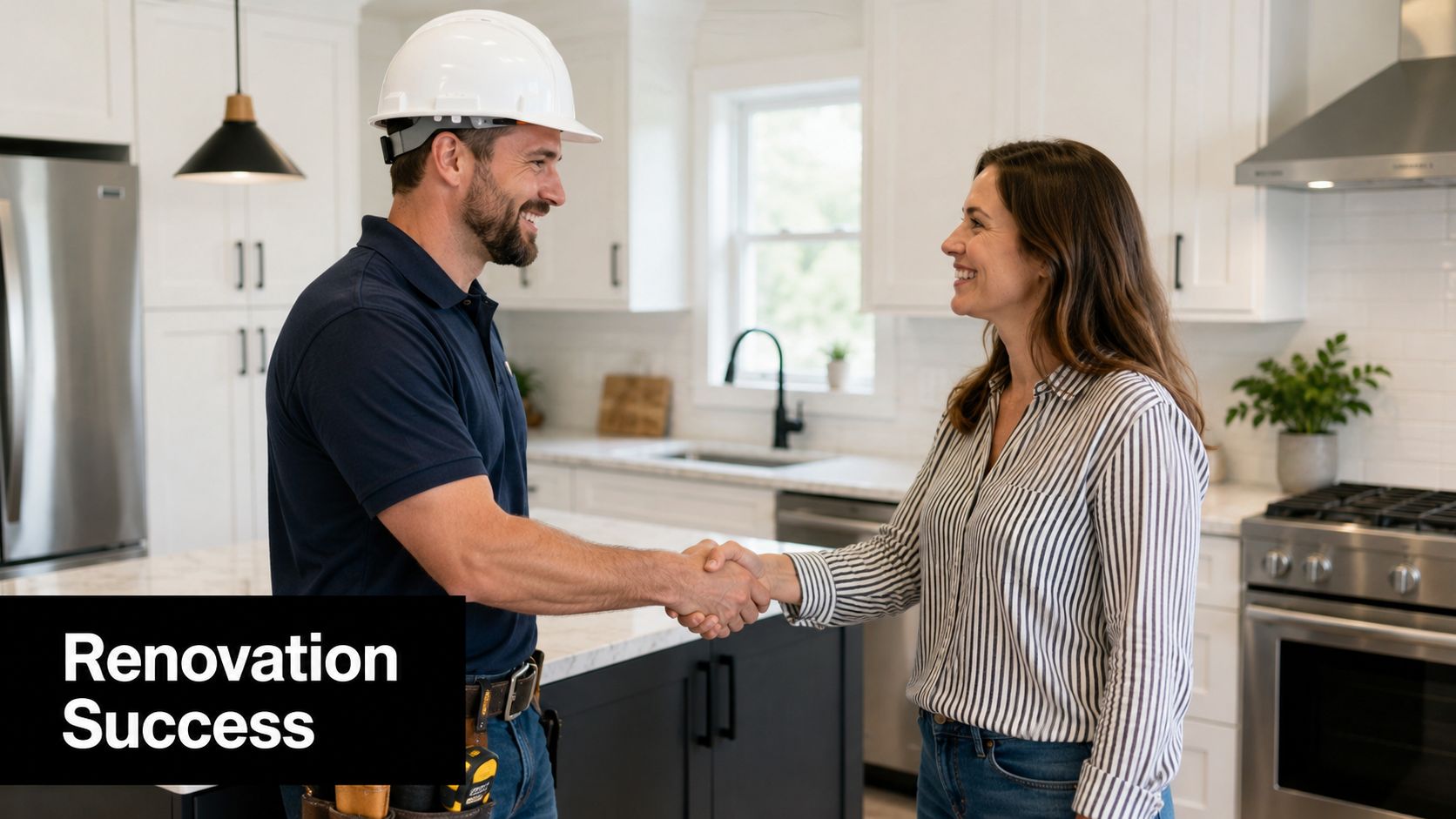 A professional contractor in a hard hat shaking hands with a happy female client in a kitchen.