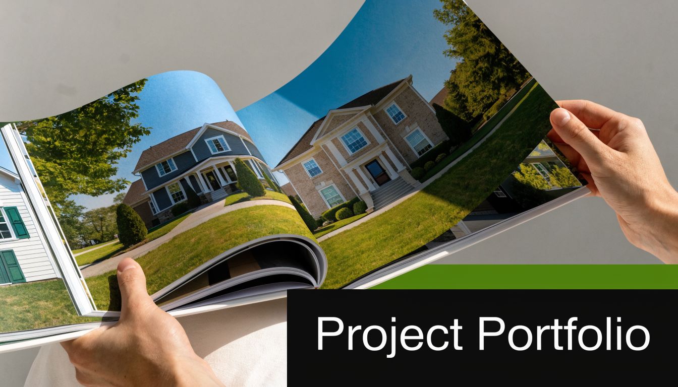 A person holding a professional project portfolio book featuring photos of custom built residential houses.