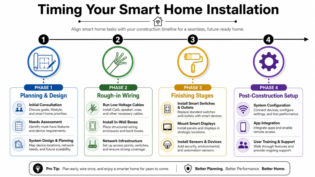 An infographic detailing the four phases of smart home installation from planning to post-construction setup.