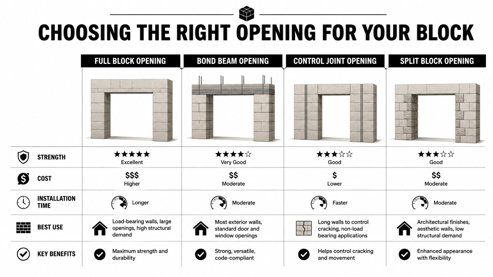 A comparison chart illustrating four types of block wall openings with their respective strength, cost, and usage.
