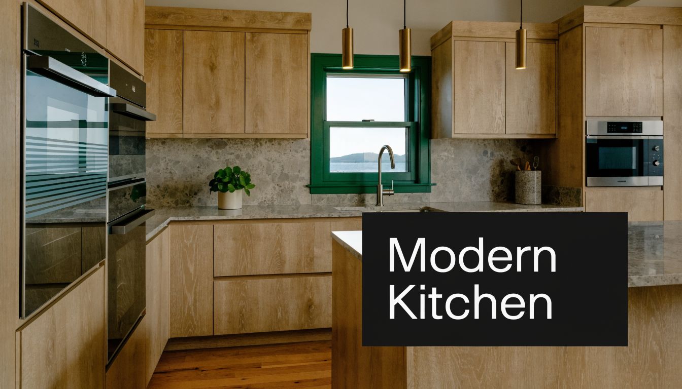 A modern kitchen interior featuring natural wood cabinetry, stone countertops, and a window with a water view.
