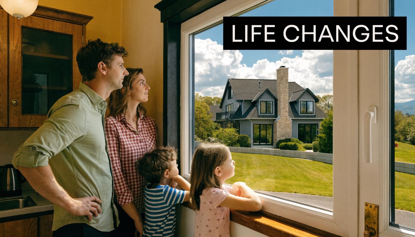 A family of four looking out a kitchen window at their dream house in the countryside.