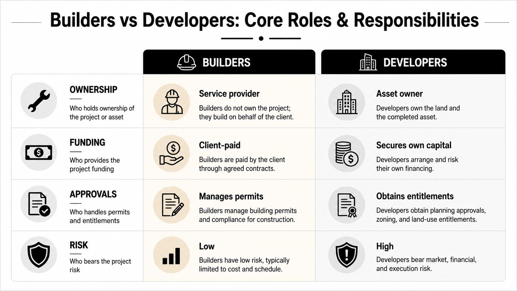 A comparison chart outlining the core differences between builders and developers regarding ownership, funding, approvals, and risk.