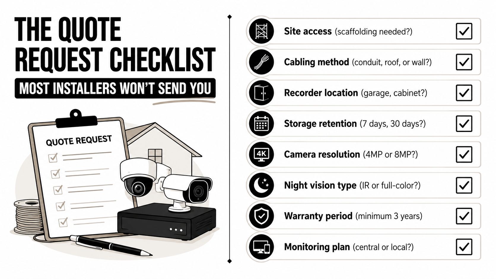 A checklist infographic detailing essential information to include when requesting quotes for CCTV camera installation services.