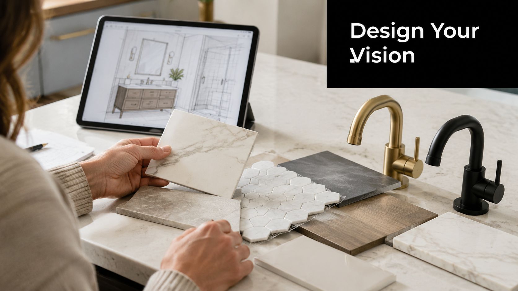 A person selecting materials like tiles and faucets for a home bathroom renovation project on a table.