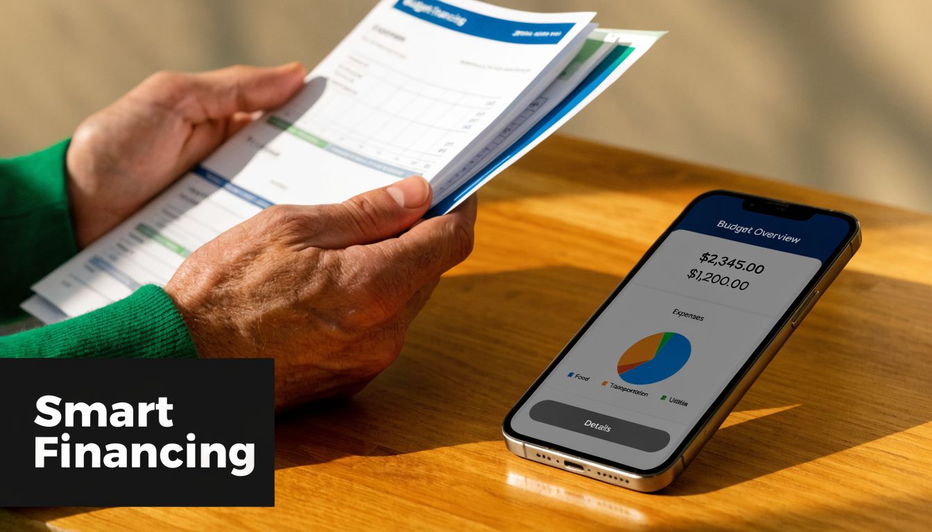 A person reviewing paper budget documents beside a smartphone displaying a digital financial budget overview app.