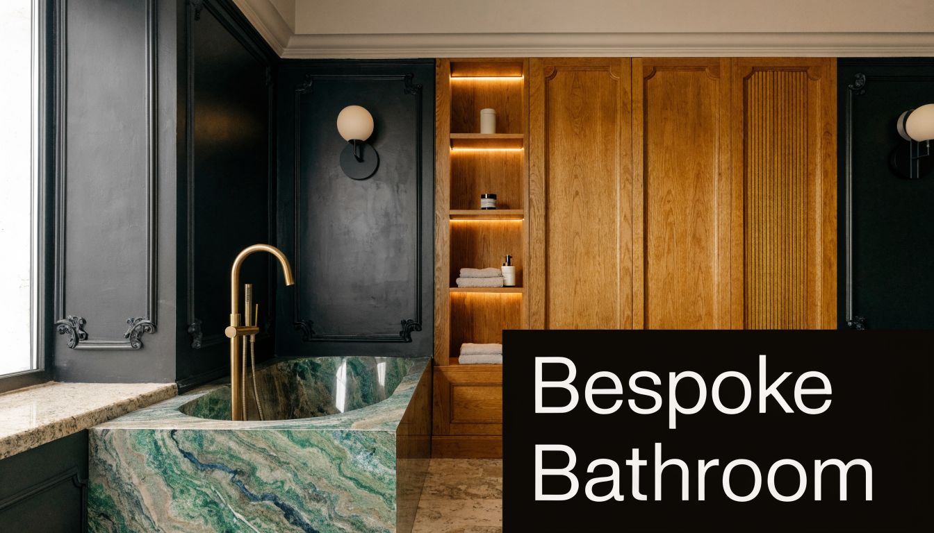 A luxurious bathroom featuring a green marble soaking tub, wood cabinetry, and elegant black wall paneling.