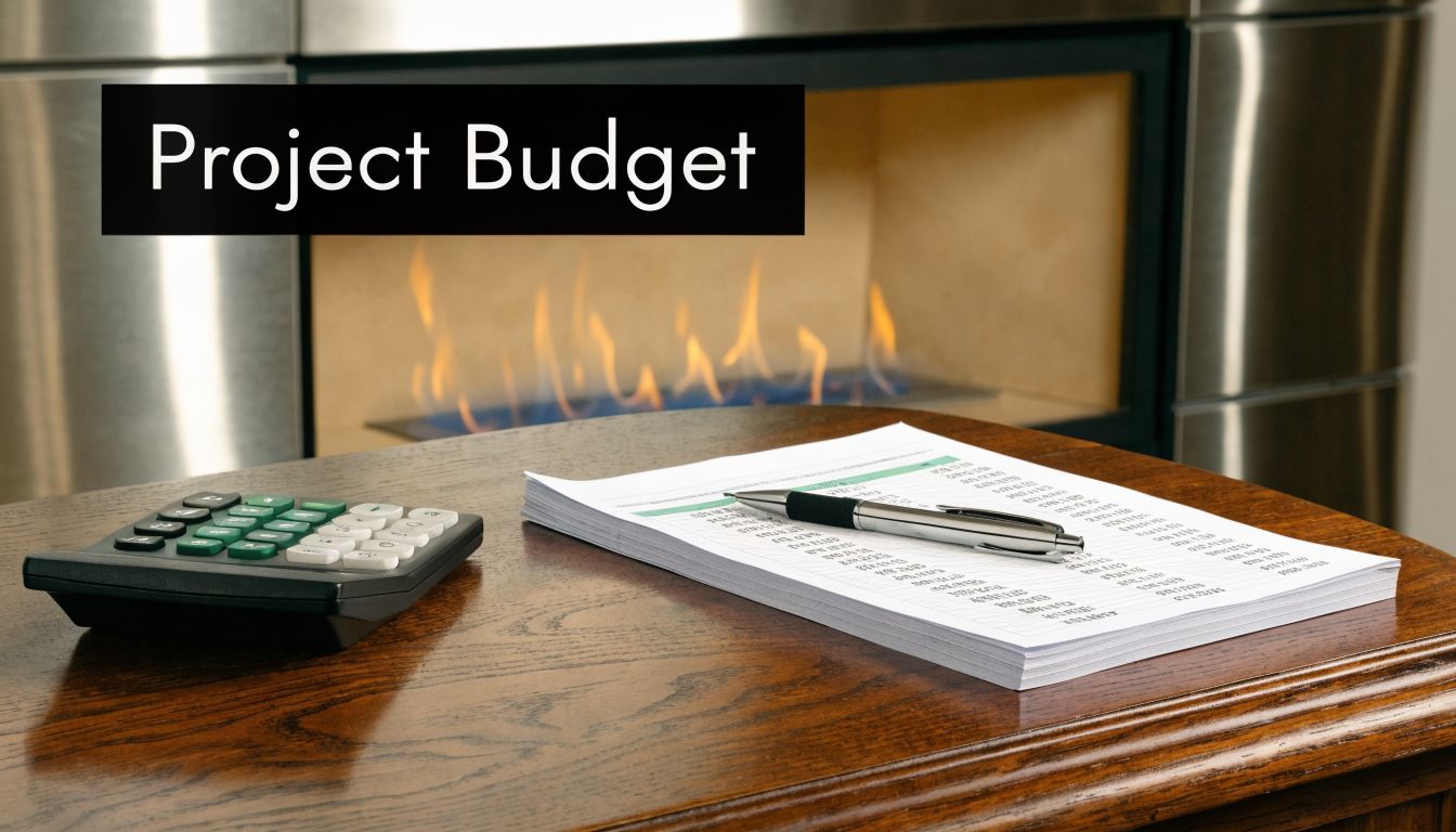 A black calculator and a pen on top of a project budget document on a wooden table.