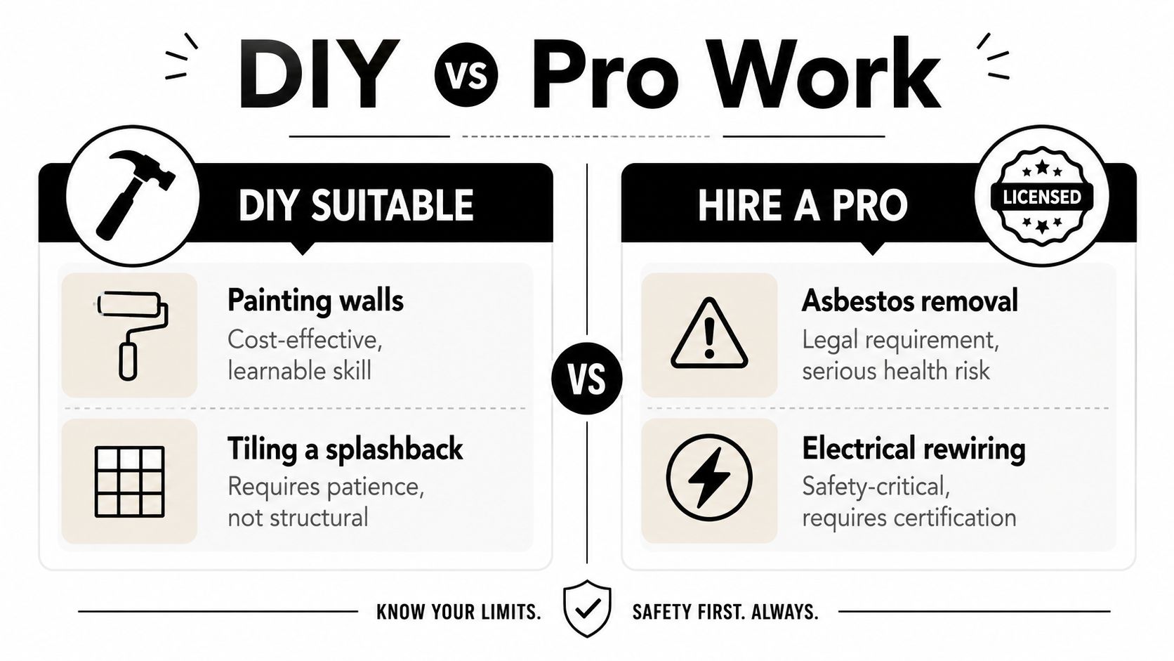 A comparison chart showing which home renovation tasks are suitable for DIY versus when to hire professionals.