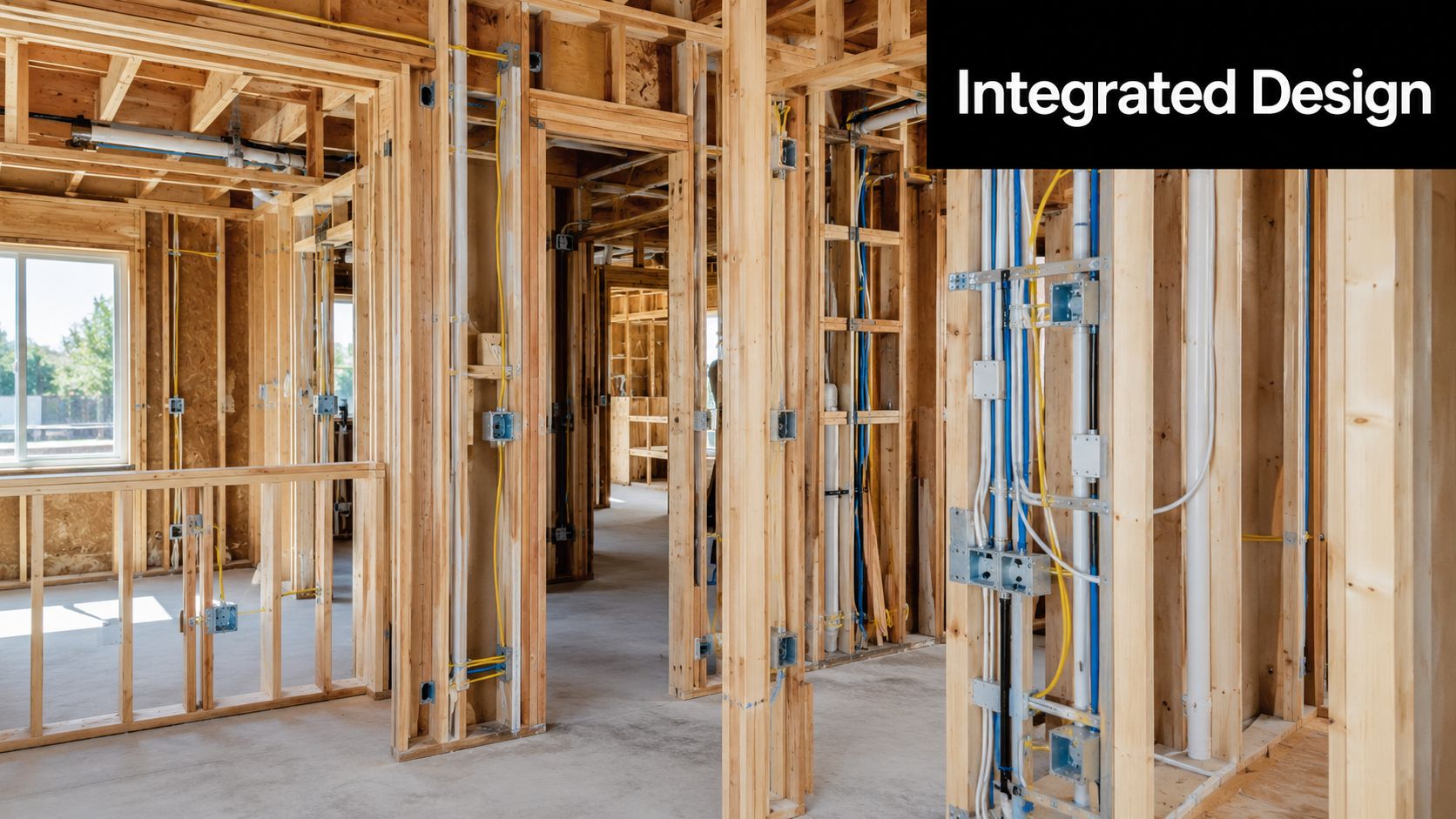 The interior of a house under construction showing exposed wooden wall framing with electrical and plumbing systems.