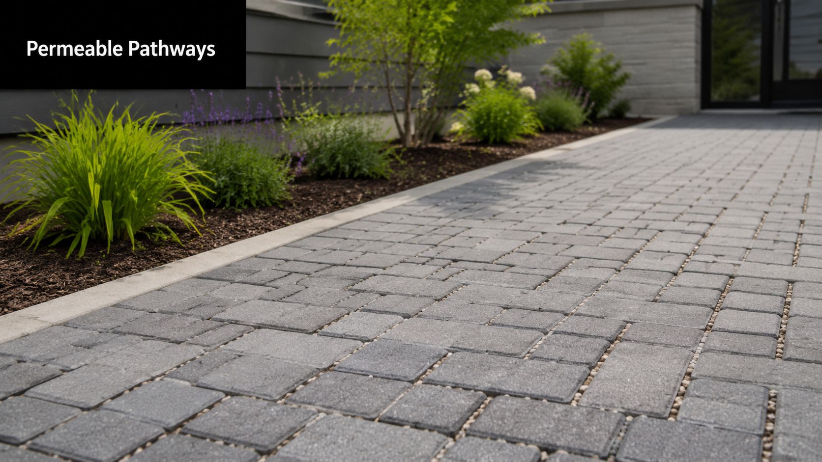 A modern stone paver pathway featuring permeable joints, bordered by lush green plants and dark mulch.