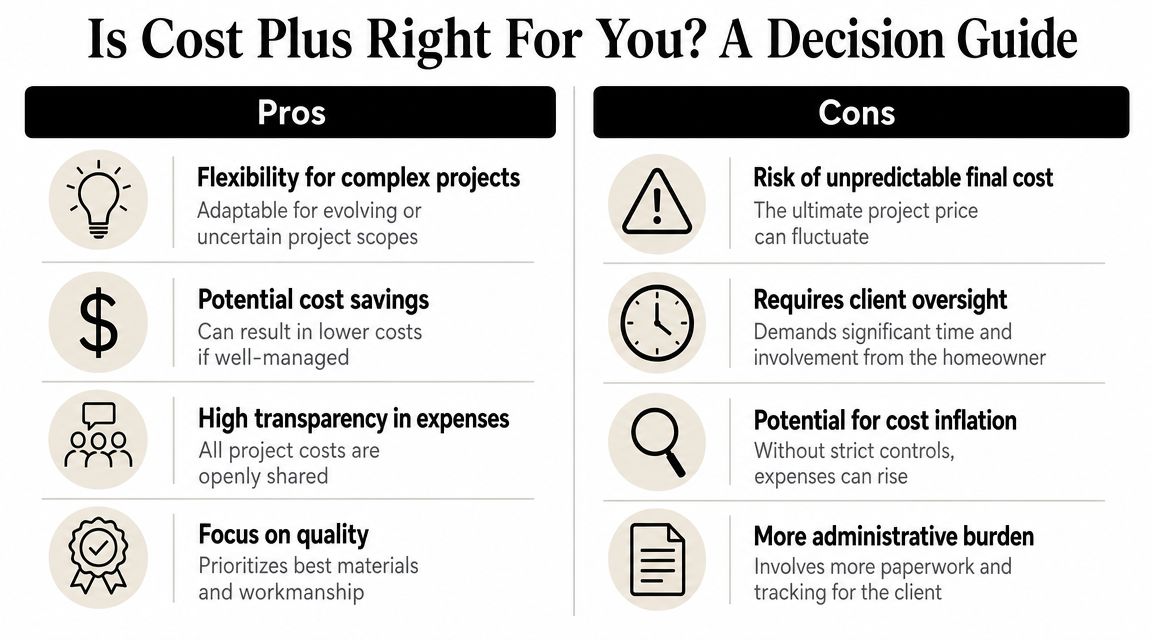 A decision guide infographic comparing the pros and cons of using cost plus contracts for construction.