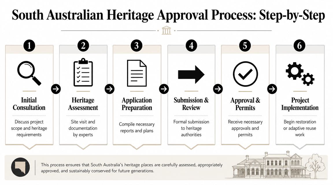A six-step infographic detailing the South Australian heritage building approval process for restoration and conservation projects.
