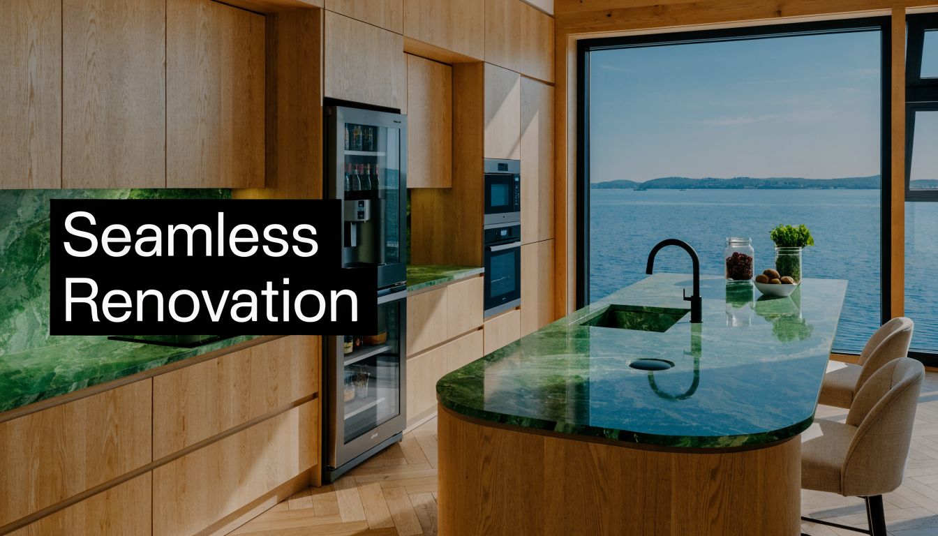 A modern kitchen interior featuring wooden cabinetry, a green marble island, and a stunning ocean view.