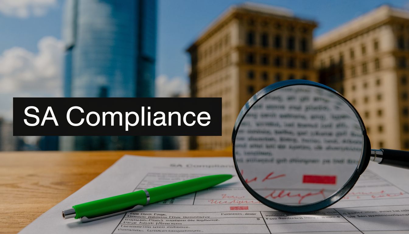 A magnifying glass inspecting a compliance document with a green pen resting on the table