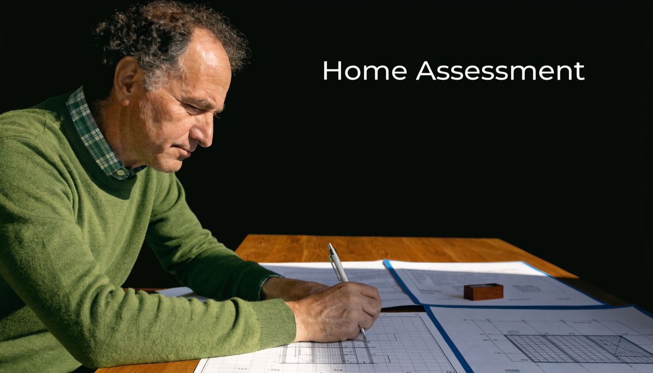 A professional man carefully reviewing and drawing architectural floor plans for a home renovation project.