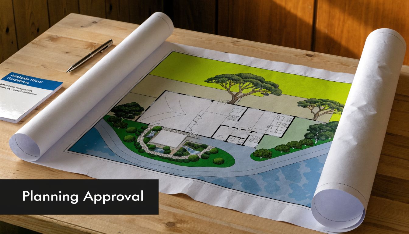 A detailed house architectural floor plan rolled on a wooden desk with a pen and notepad.