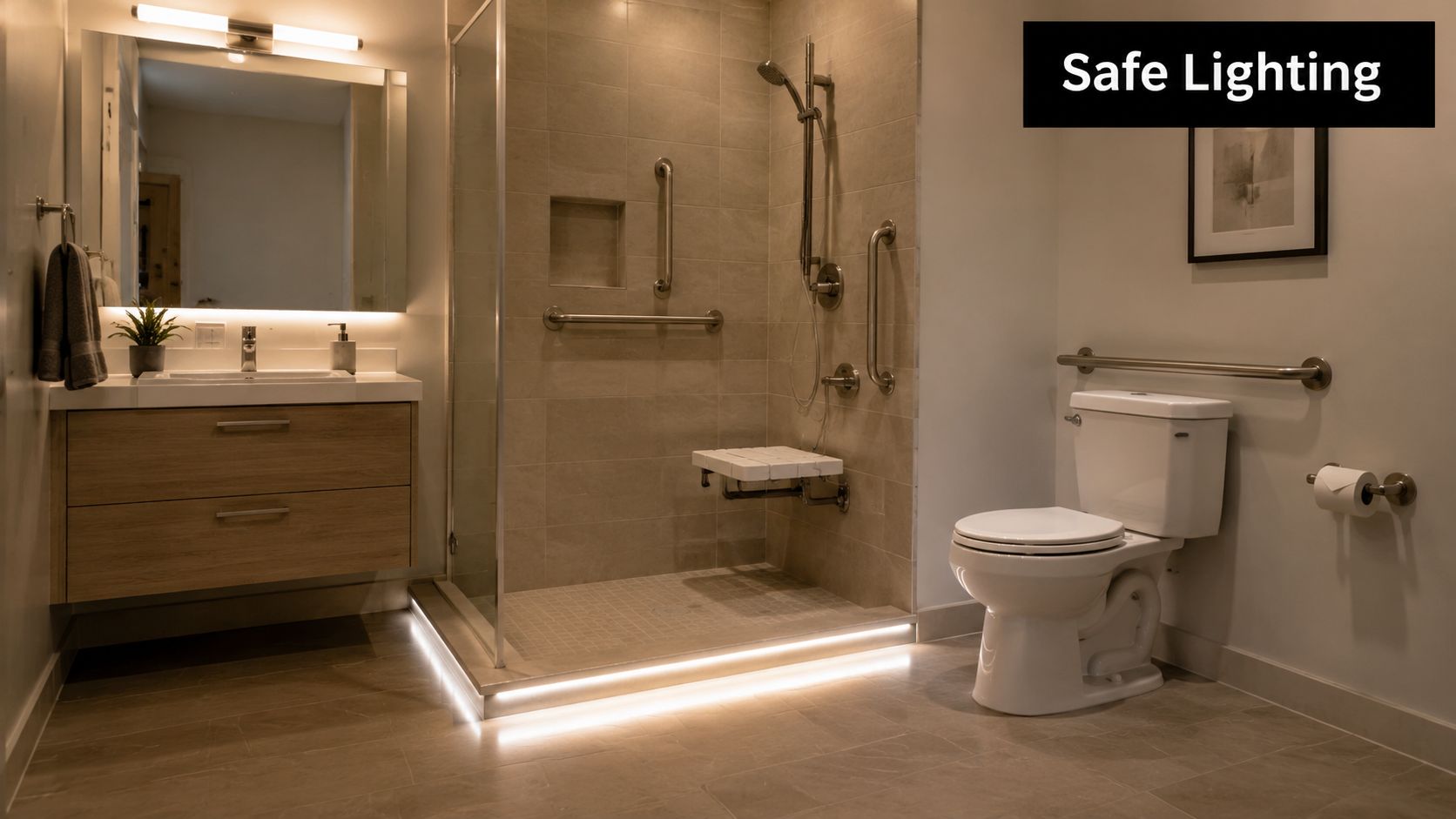 A modern, accessible bathroom designed for aging in place featuring grab bars, shower seat, and safe floor lighting.