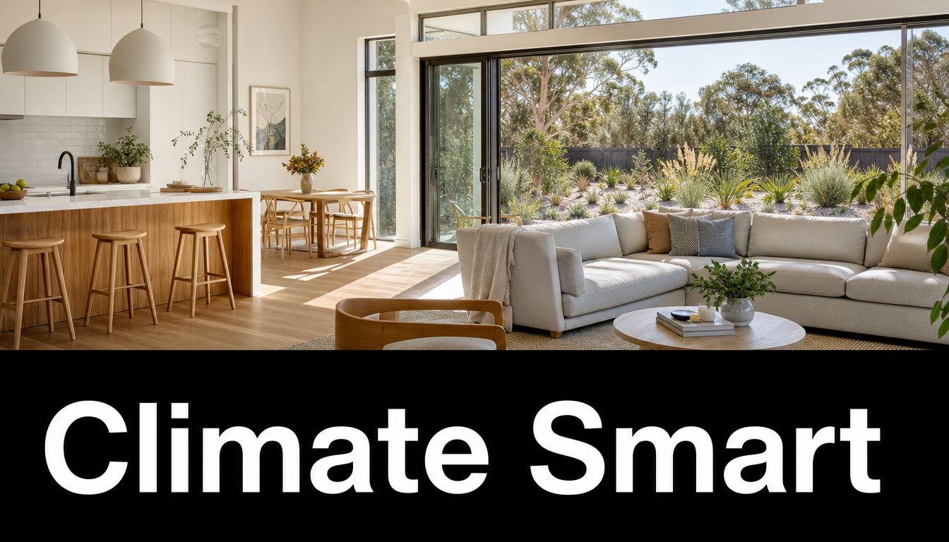 A modern open plan kitchen and living room featuring natural wood furniture, light tones, and large glass windows.