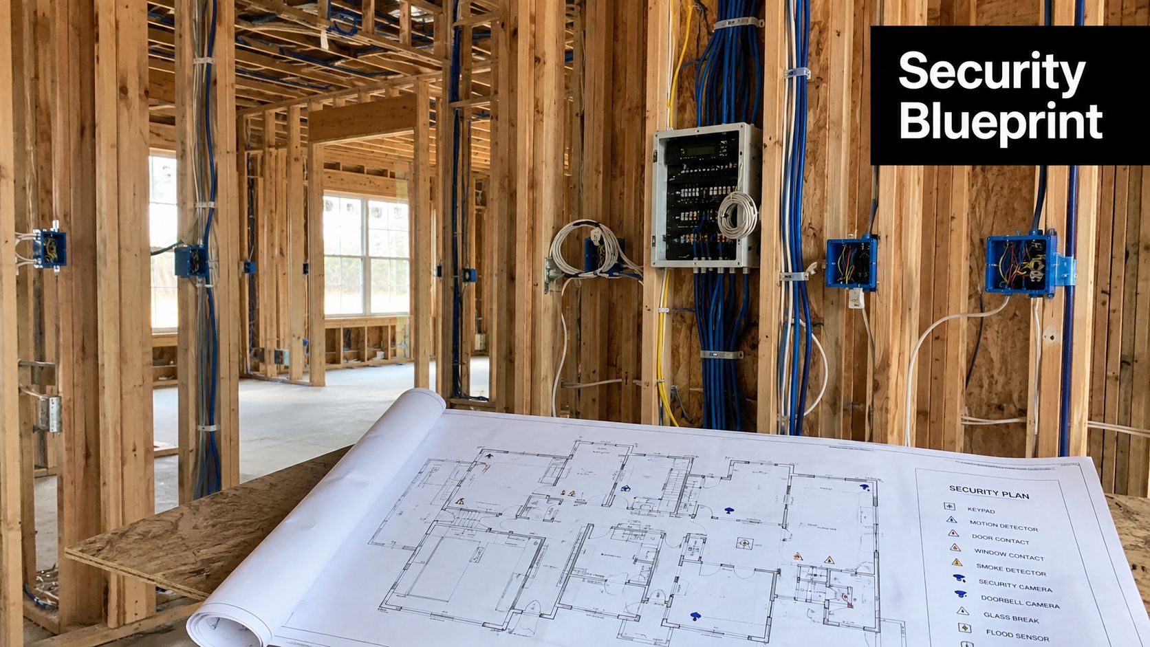 A construction site showing framing, security wiring, and a security system plan blueprint on a table.