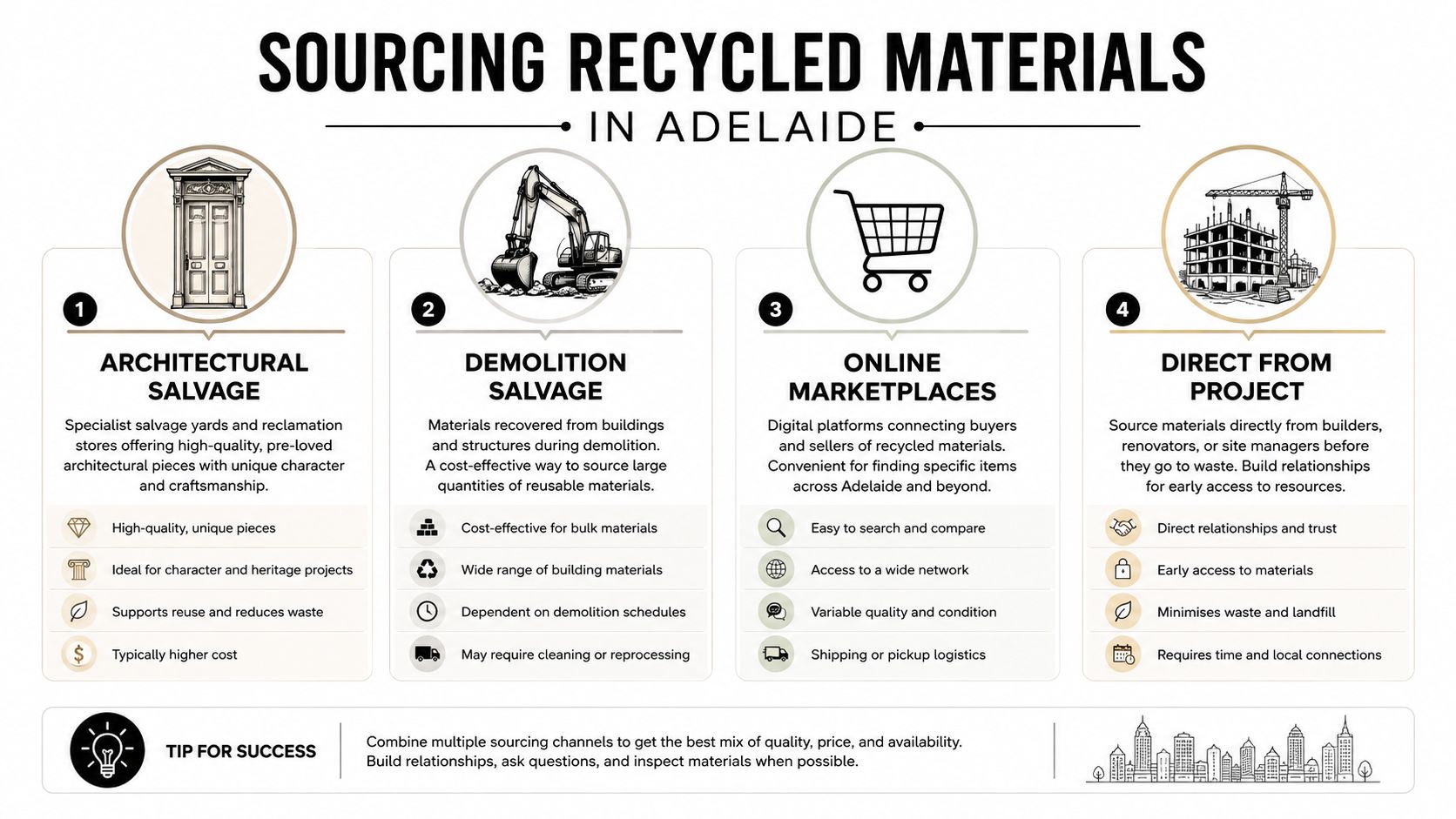 An infographic showing four methods for sourcing recycled building materials in Adelaide, including salvage and online marketplaces.