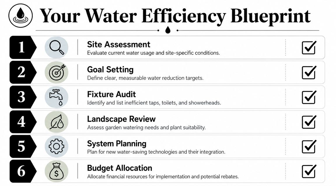 A checklist infographic titled Your Water Efficiency Blueprint, outlining six steps to improve water conservation in buildings.