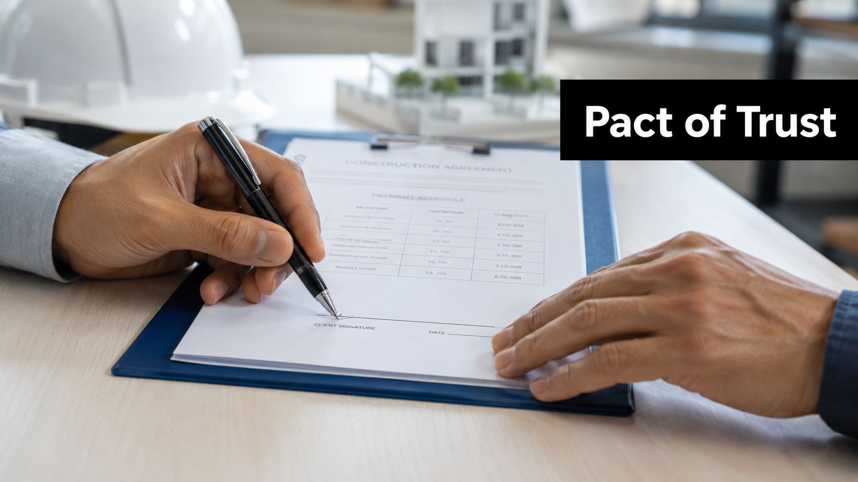 A close-up view of a person signing a construction agreement document with a payment schedule.