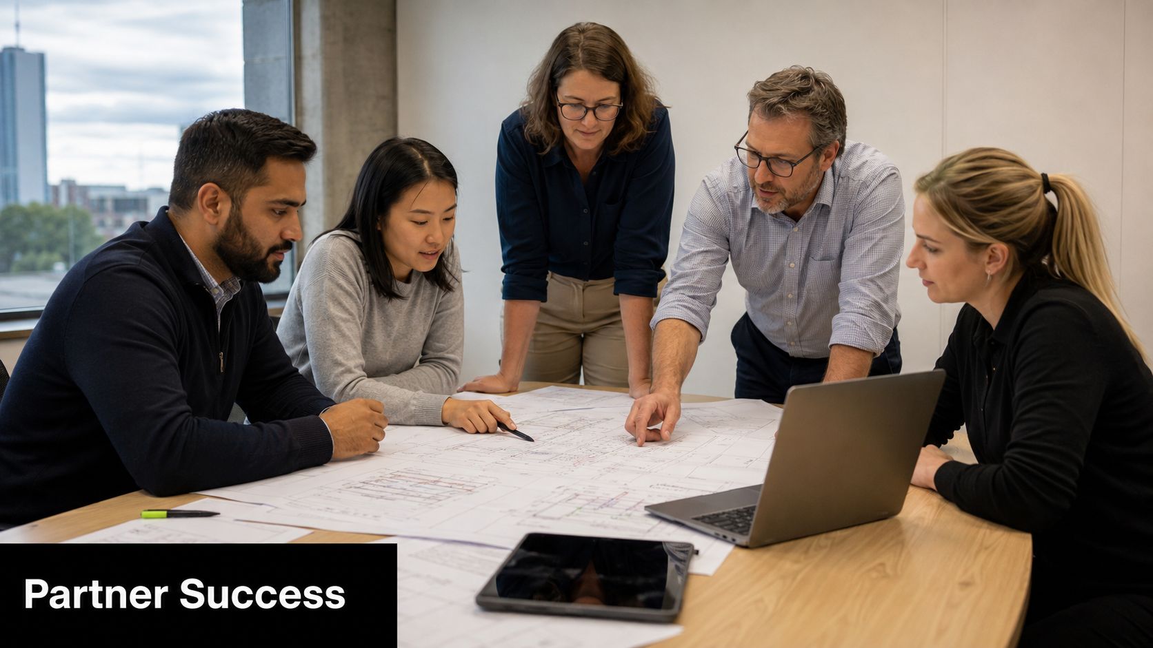 A diverse team of professionals collaboratively working on architectural blueprints around a wooden conference table.